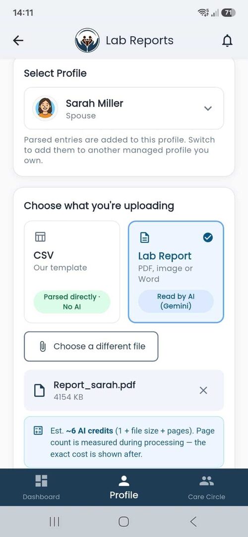 OneCareLog Lab Reports upload screen — pick a managed profile, choose CSV or Lab Report, and select a PDF, image or Word file