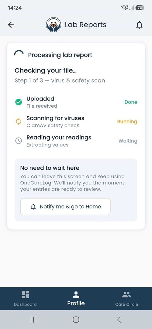 Processing lab report — file uploaded, ClamAV virus and safety scan running, then AI reading your readings