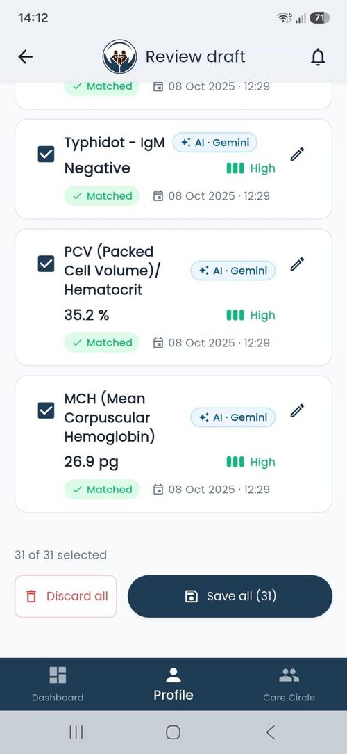 Review draft — per-entry cards with AI Gemini badge, High confidence, Matched status, edit and Save all